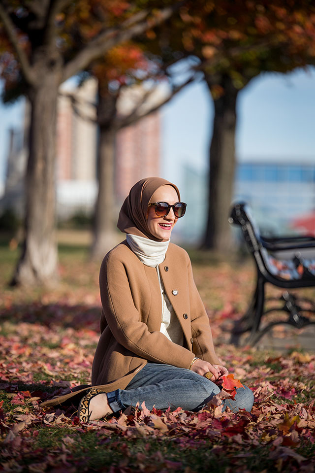 Fall Layers - J. Crew Camel Coat - Boyfriend Jeans - Leopard Heels - Tunic Turtleneck Sweater - Federal Hill Park - Baltimore - Vasiliki Photo - Haute Hijab Scarf - Fashion Blogger - Hijab Fall Fashion - Modest Fashion
