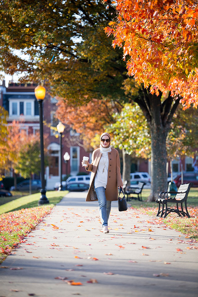 Fall Layers - J. Crew Camel Coat - Boyfriend Jeans - Leopard Heels - Tunic Turtleneck Sweater - Federal Hill Park - Baltimore - Vasiliki Photo - Haute Hijab Scarf - Fashion Blogger - Hijab Fall Fashion - Modest Fashion