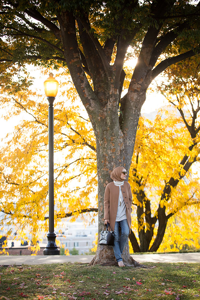 Fall Layers - J. Crew Camel Coat - Boyfriend Jeans - Leopard Heels - Tunic Turtleneck Sweater - Federal Hill Park - Baltimore - Vasiliki Photo - Haute Hijab Scarf - Fashion Blogger - Hijab Fall Fashion - Modest Fashion