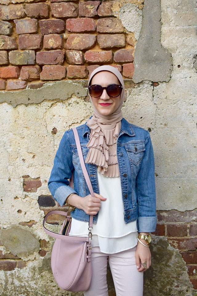 Pink Pants, Kate Spade cobble hill milieu, Denim jacket, M. Gemi Brezza flats, Vela Scarf, MAC Flat Out Fabulous Lipstick, Hijabi Fashion, Fashion Blogger