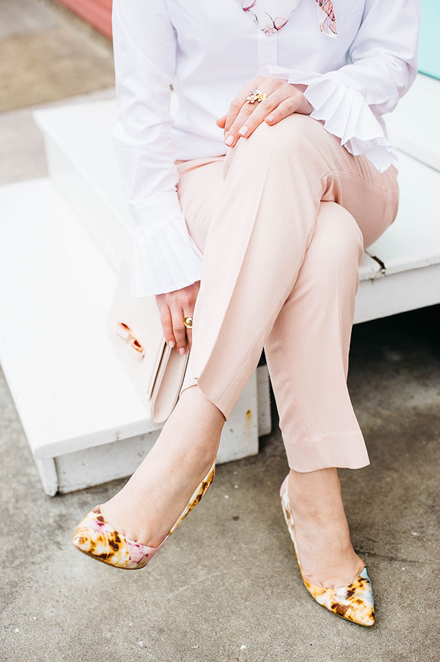 Valtine's Day outfit, Pink Pants, Fells Point Baltimore, Pastel Color Row Houses, Banana Republic Riley-Fit White Pleated Cuff Shirt, Ryan-Fit Luxe Brushed Twill Herringbone Pant, Pink Ted Baker Clutch, Floral pink heels, MAC Girl About Town Lipstick, Hijab Fashion