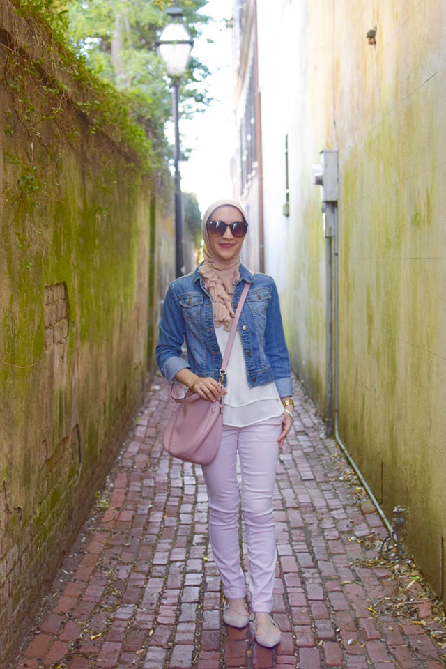 Pink Pants, Kate Spade cobble hill milieu, Denim jacket, M. Gemi Brezza flats, Vela Scarf, MAC Flat Out Fabulous Lipstick, Hijabi Fashion, Fashion Blogger