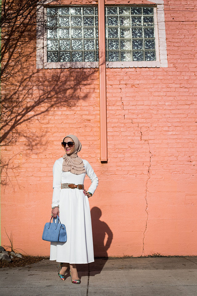 White Long Sleeve Flare Dress-Modest Dress-White Summer Dress-Hijab Fashion-Vela Pleated Scarf-Multi Color Heels-Hijabi Blogger-Modest Fashion-Fashion Blogger-Little Havana Baltimore