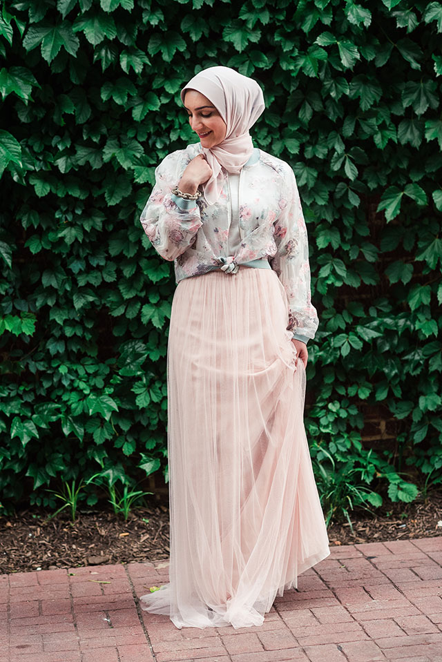 Louise Tulle Skirt-Textured Floral Bomber-Boatneck Top-Spring-Pink tulle skirt-hijab-Anthropologie