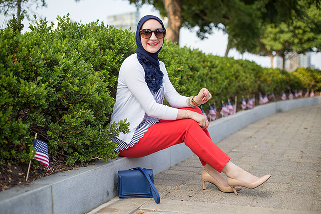 Fourth of July Outfit-Red Pants-Banana Republic-Stripe Top-July 4th Style-Hijabi