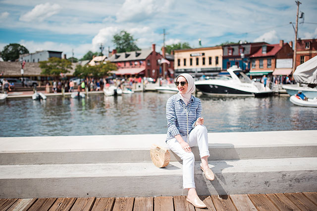 White Denim-Stripe Top-Gold Slides-Cult Gaia Ark Bag-Kendra Scoot Necklace-Haute Hijab-Lalz-Summer Style