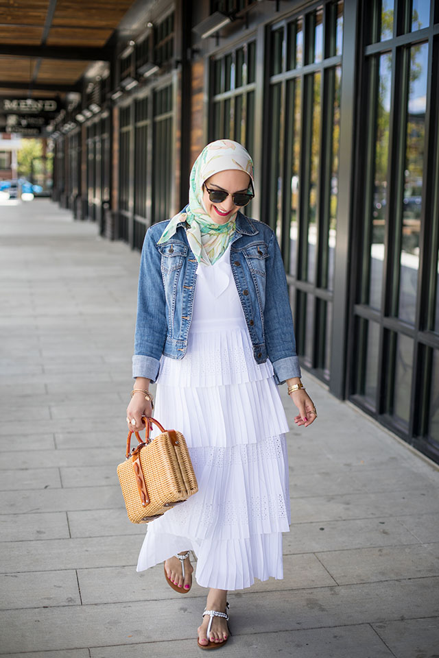 Pleated Midi Dress-Summer Fashion-White Dress-Denim Jacket-Peterson's Snow Balls-Basket Bag-Hijab Fashion