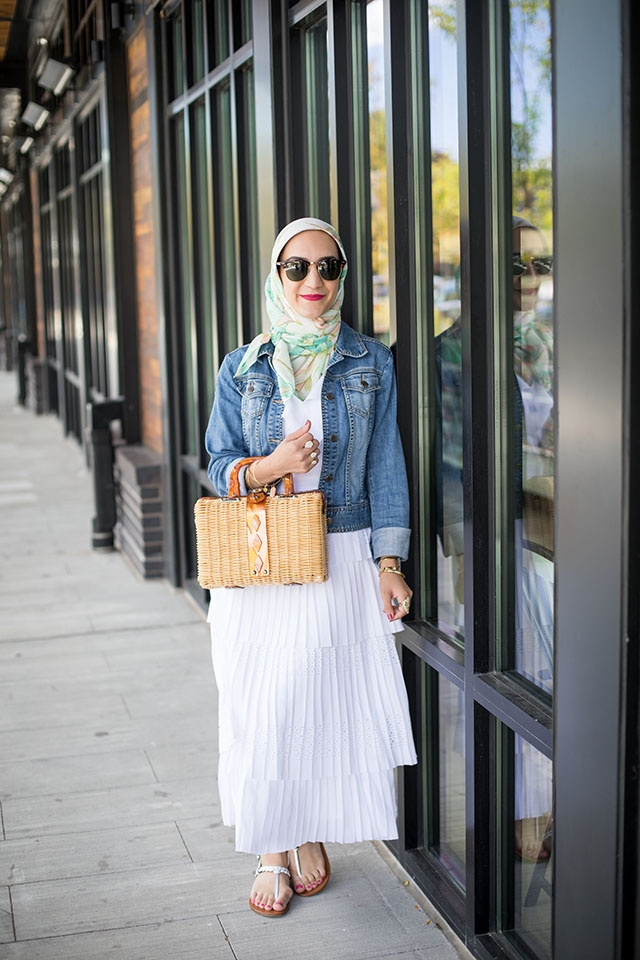 Pleated Midi Dress-Summer Fashion-White Dress-Denim Jacket-Peterson's Snow Balls-Basket Bag-Hijab Fashion