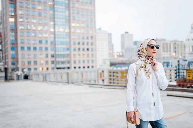 Boyfriend Jeans-White Button Up Shirt-Haute Hijab-Nude Heels-Rebecca Minkoff Mini Mag-Fashion Blogger-Modest Fashion-Kendra Scott Necklace