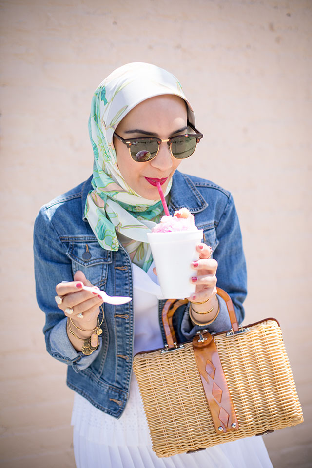Pleated Midi Dress-Summer Fashion-White Dress-Denim Jacket-Peterson's Snow Balls-Basket Bag-Hijab Fashion