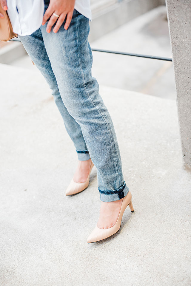 Boyfriend Jeans-White Button Up Shirt-Haute Hijab-Nude Heels-Rebecca Minkoff Mini Mag-Fashion Blogger-Modest Fashion-Kendra Scott Necklace