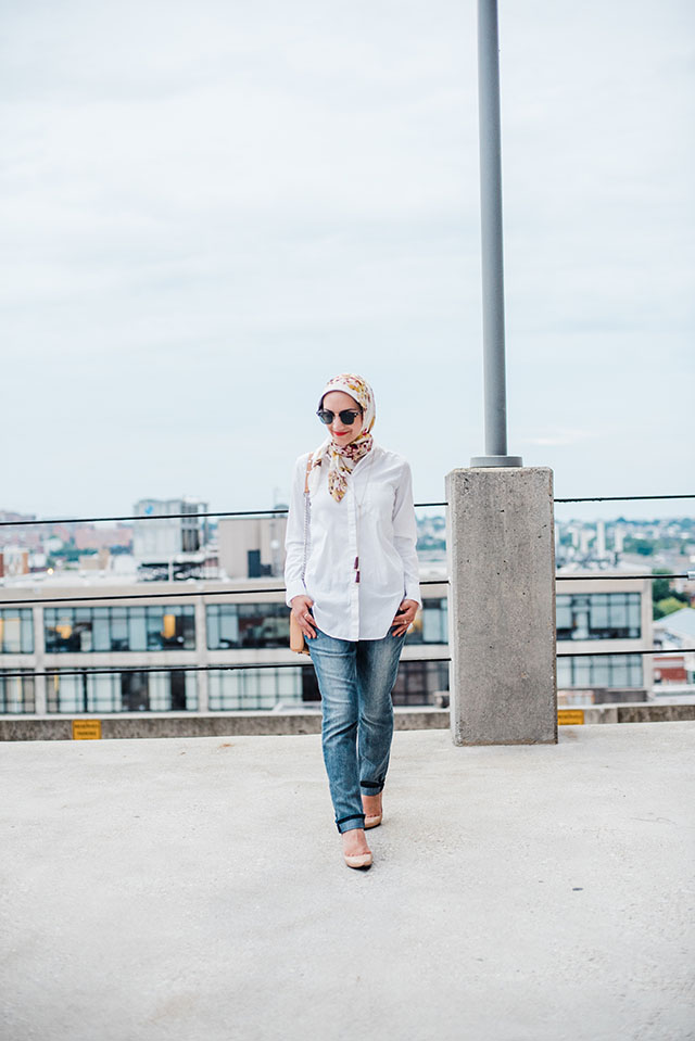 Boyfriend Jeans-White Button Up Shirt-Haute Hijab-Nude Heels-Rebecca Minkoff Mini Mag-Fashion Blogger-Modest Fashion-Kendra Scott Necklace