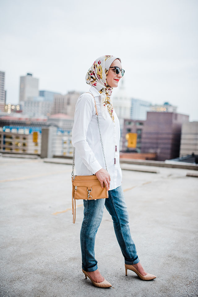 Boyfriend Jeans-White Button Up Shirt-Haute Hijab-Nude Heels-Rebecca Minkoff Mini Mag-Fashion Blogger-Modest Fashion-Kendra Scott Necklace