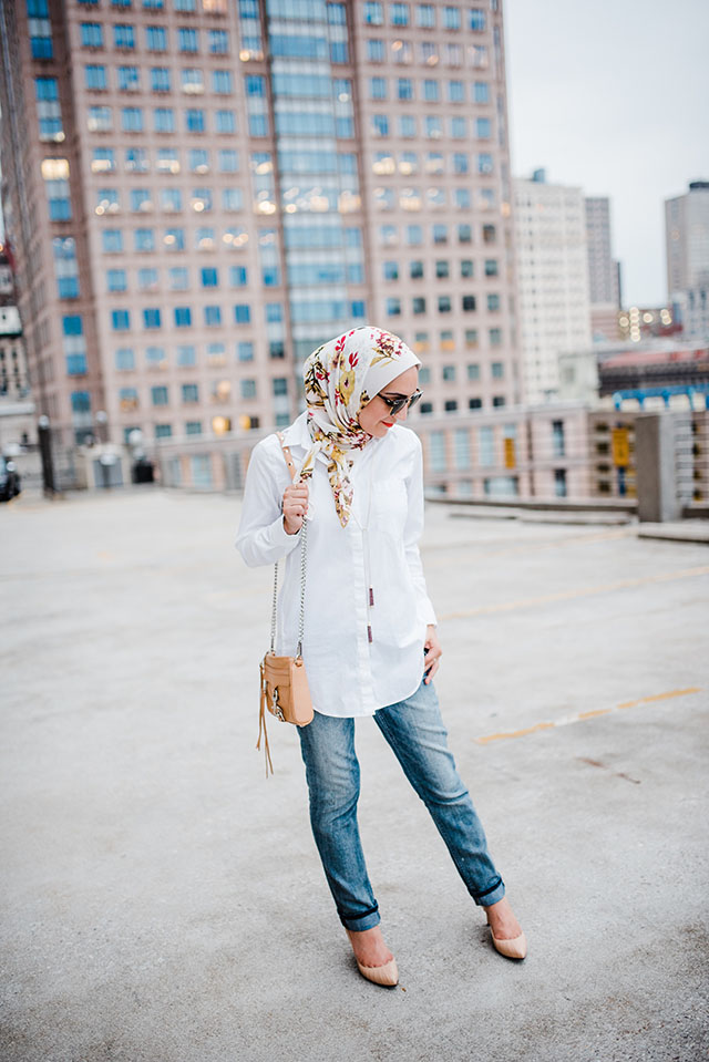 Boyfriend Jeans-White Button Up Shirt-Haute Hijab-Nude Heels-Rebecca Minkoff Mini Mag-Fashion Blogger-Modest Fashion-Kendra Scott Necklace