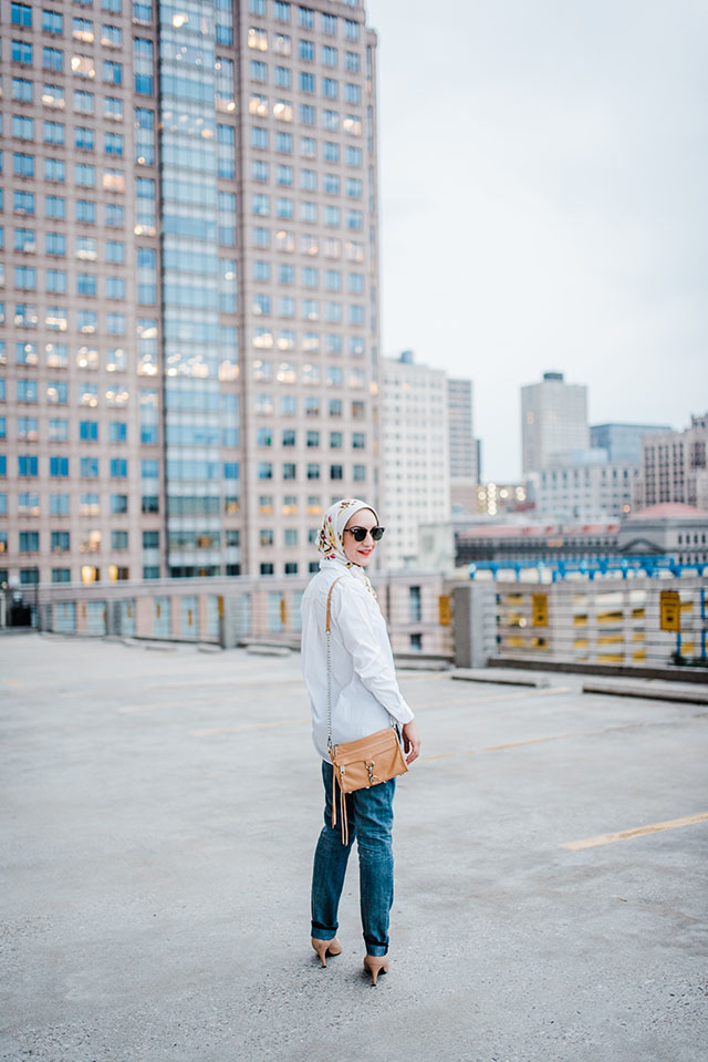 Boyfriend Jeans-White Button Up Shirt-Haute Hijab-Nude Heels-Rebecca Minkoff Mini Mag-Fashion Blogger-Modest Fashion-Kendra Scott Necklace