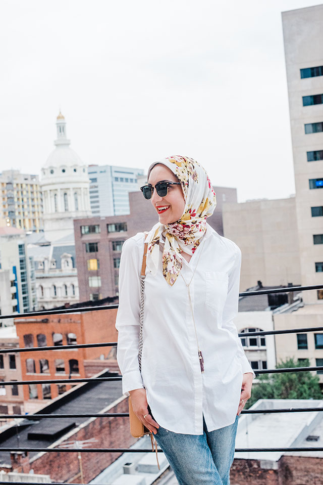 Boyfriend Jeans-White Button Up Shirt-Haute Hijab-Nude Heels-Rebecca Minkoff Mini Mag-Fashion Blogger-Modest Fashion-Kendra Scott Necklace