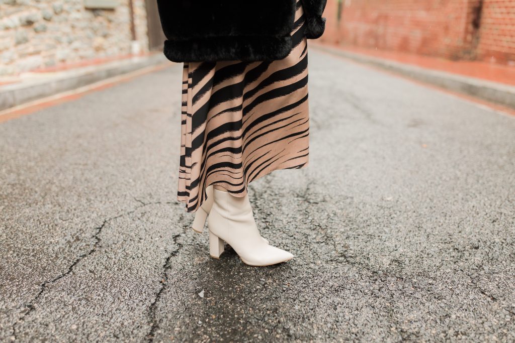 Winter Style-Modest Fashion-Zebra Print Dress-Faux Fur Vest-White Boots-Lalz-Georgetown-DC Fashion