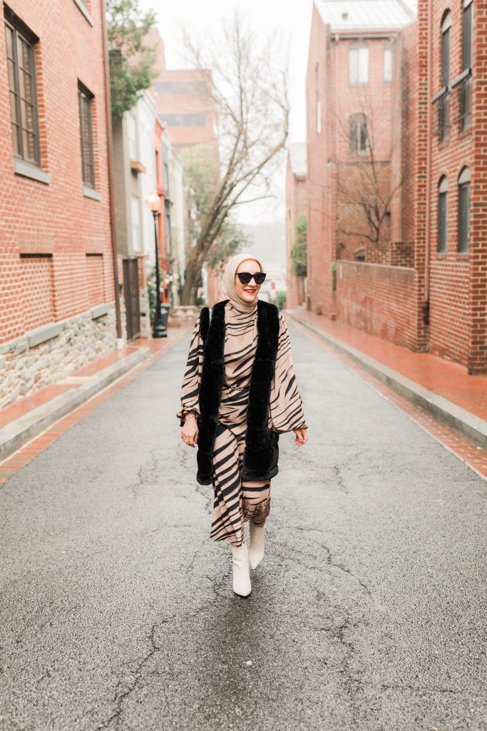 Winter Style-Modest Fashion-Zebra Print Dress-Faux Fur Vest-White Boots-Lalz-Georgetown-DC Fashion