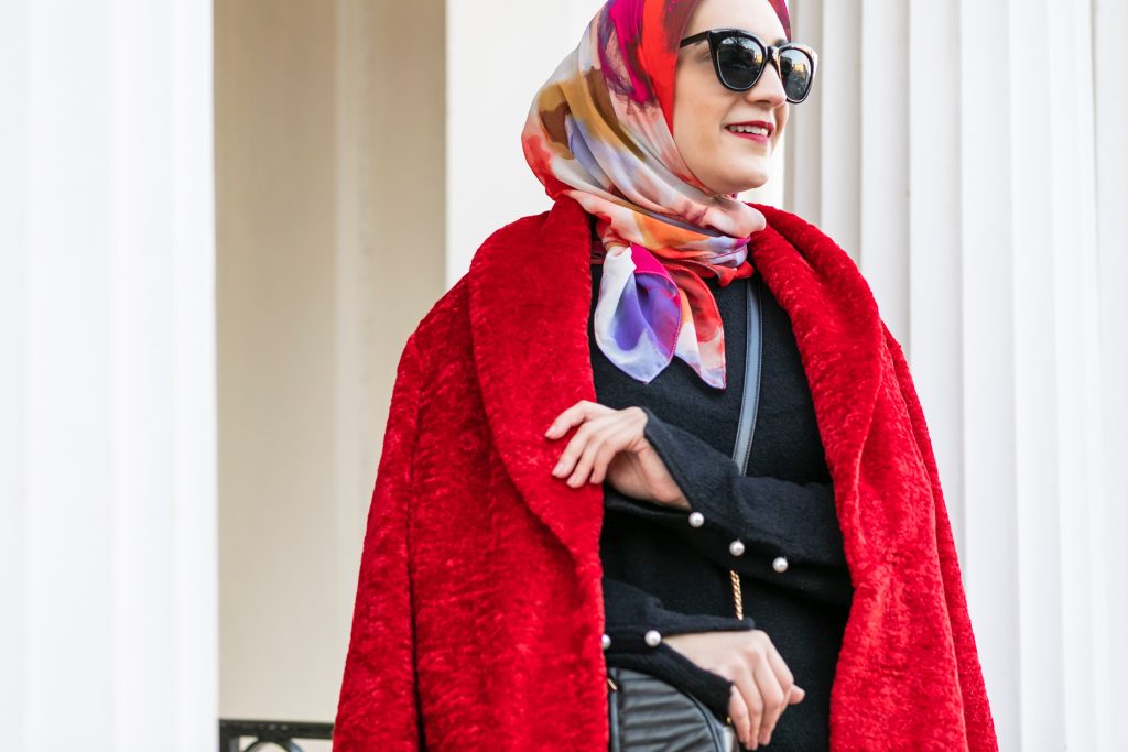 Red Winter Coat-Faux Shearling Shawl Collar Coat-Rachel Parcell Nordstrom-Leather Leggings-Hijab-Lalz