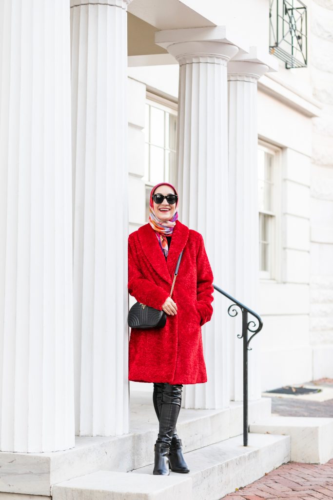 Red Winter Coat-Faux Shearling Shawl Collar Coat-Rachel Parcell Nordstrom-Leather Leggings-Hijab-Lalz