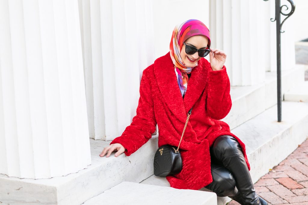 Red Winter Coat-Faux Shearling Shawl Collar Coat-Rachel Parcell Nordstrom-Leather Leggings-Hijab-Lalz