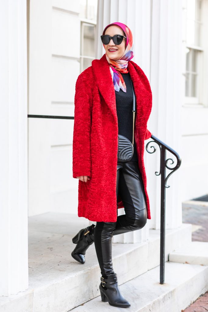 Red Winter Coat-Faux Shearling Shawl Collar Coat-Rachel Parcell Nordstrom-Leather Leggings-Hijab-Lalz