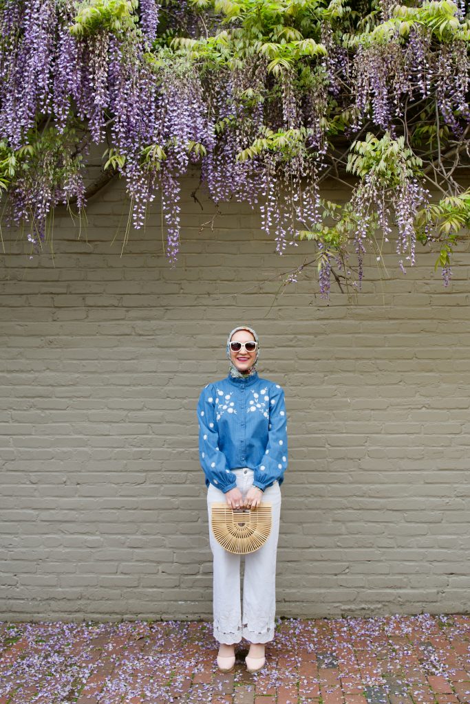 Sezane Lamie Shirt-Wisteria in DC-Georgetown-Haue Hijab-Cult Gaia Ark Bag-Modest Fashion