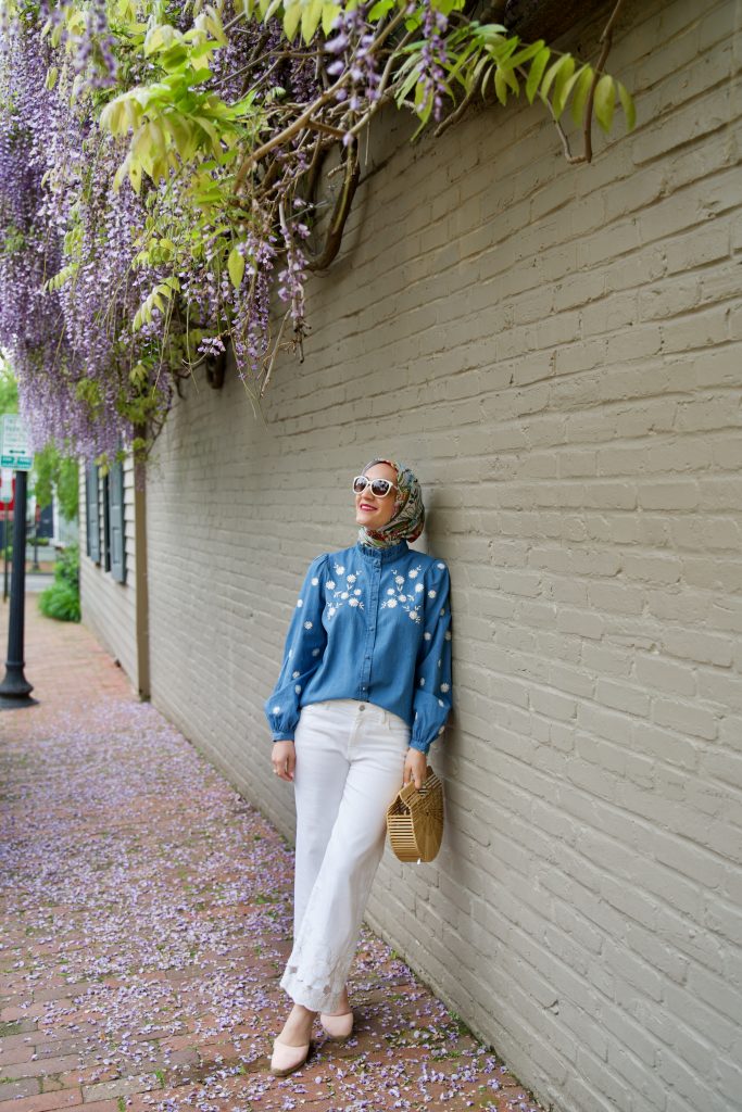 Sezane Lamie Shirt-Wisteria in DC-Georgetown-Haue Hijab-Cult Gaia Ark Bag-Modest Fashion