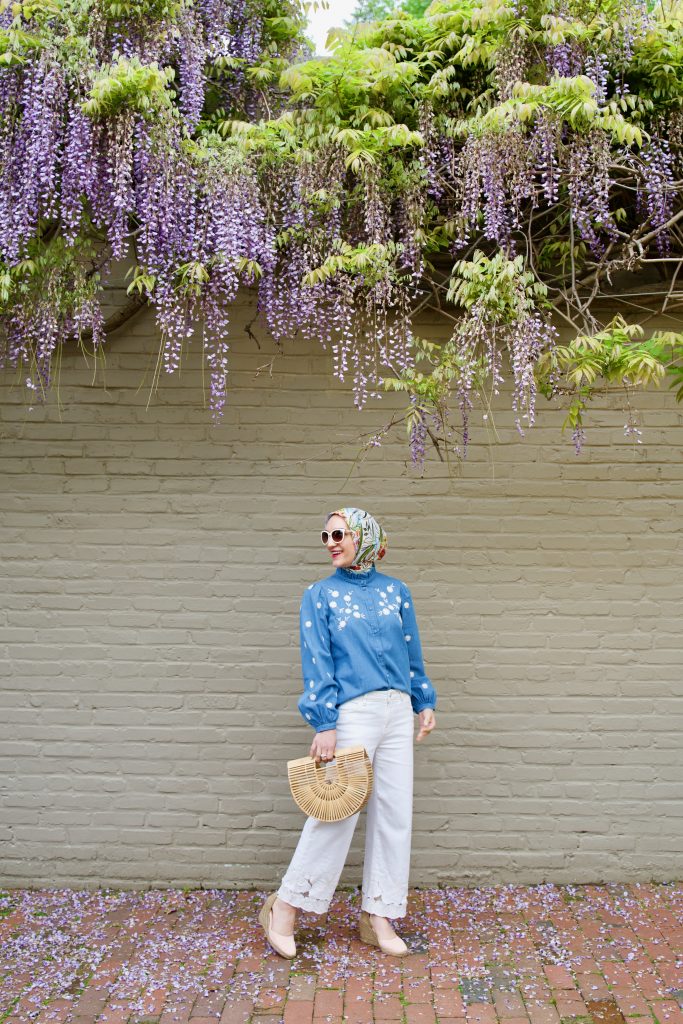 Sezane Lamie Shirt-Wisteria in DC-Georgetown-Haue Hijab-Cult Gaia Ark Bag-Modest Fashion