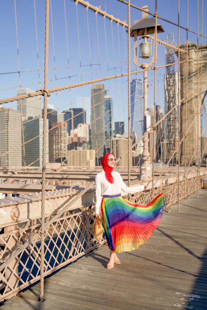 Rainbows Midi Skirt-Brooklyn Bridge-NYC-HIjab Fashion-Sarah Flint Sandals
