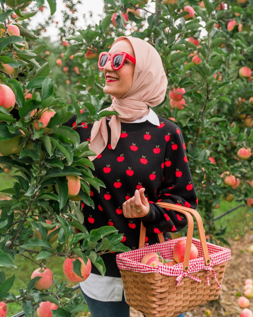 Kate Spade apple toss jacquard sweater-hunter red boots-spanx denim-haute hijab-apple picking-DC blogger-Baugher's Orchard-Maryland-Fall Things To Do
