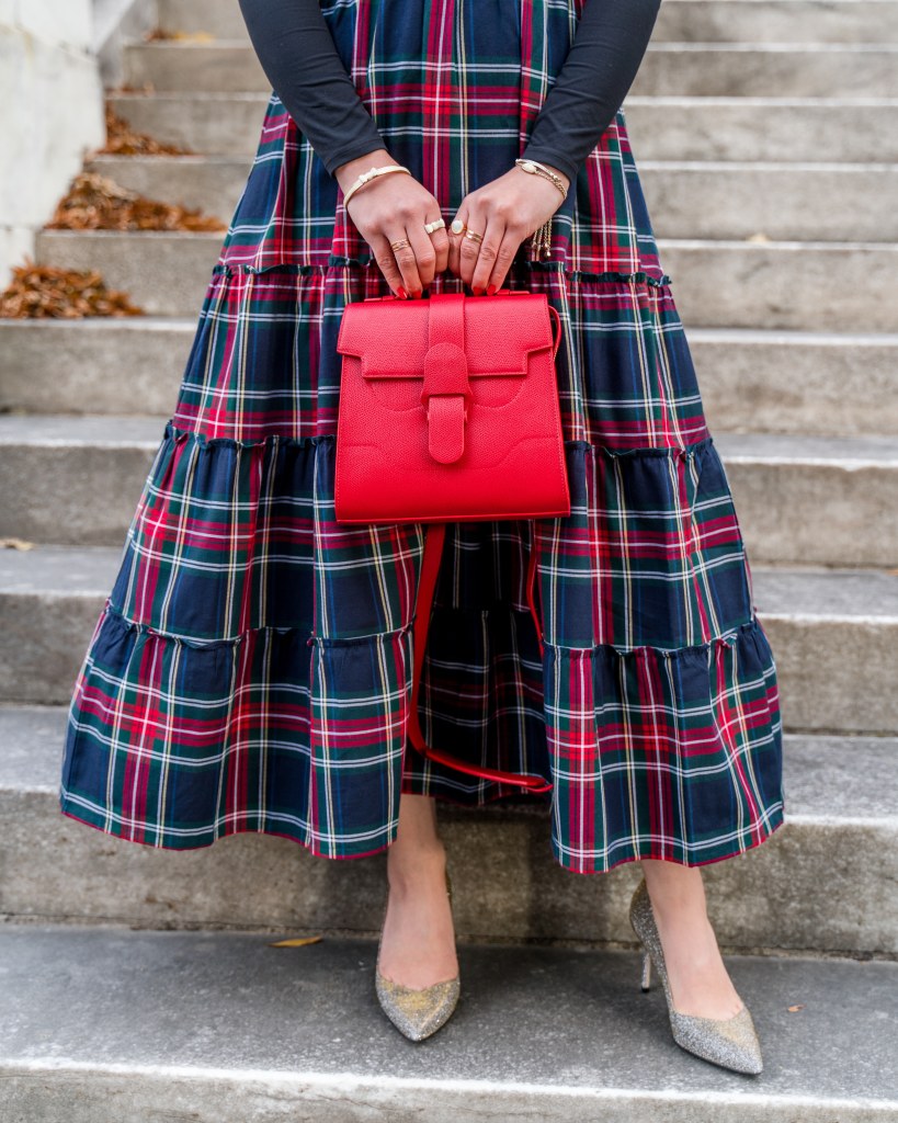 The Ellie Nap Dress-Hill House-Tartan Midi Dress-Holiday Outfit-Sarah Flint Perfect Pump-Senreve Alunna Bag-Modest Dress
