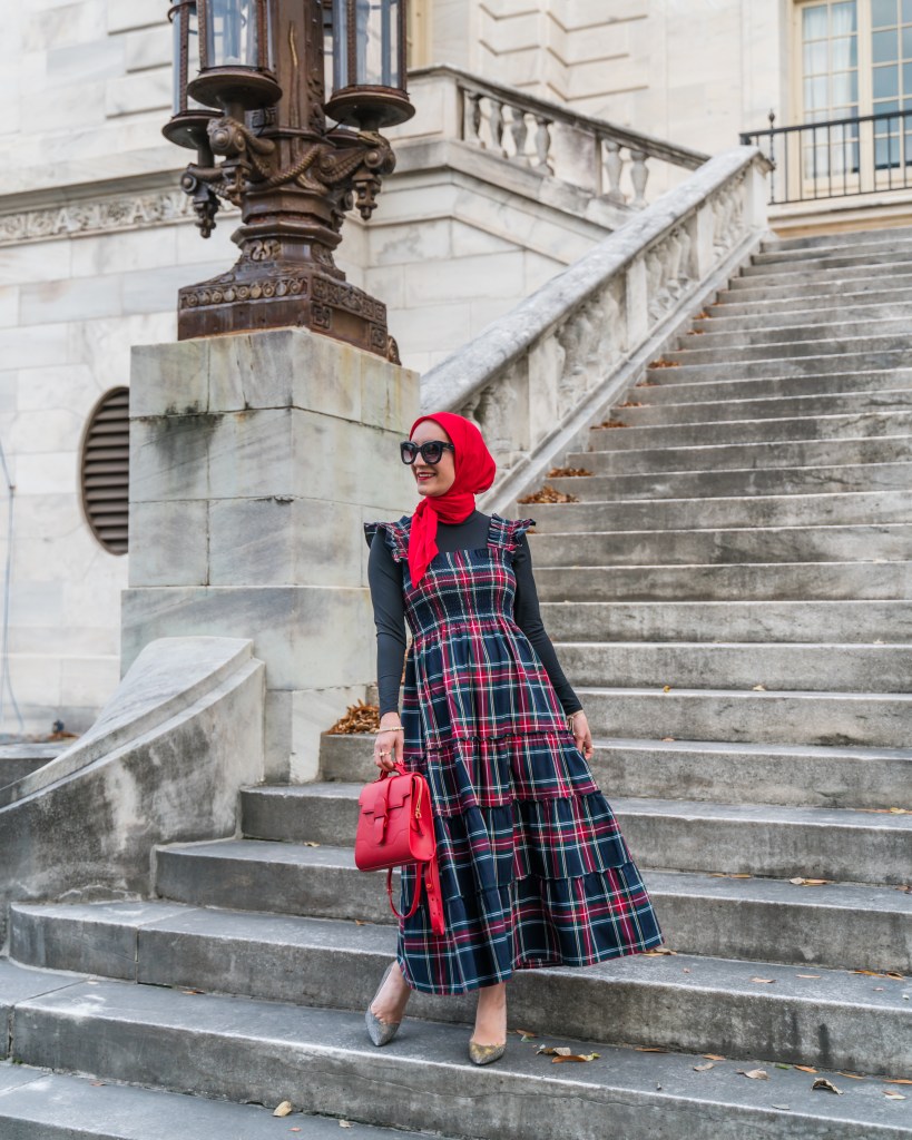 The Ellie Nap Dress-Hill House-Tartan Midi Dress-Holiday Outfit-Sarah Flint Perfect Pump-Senreve Alunna Bag-Modest Dress