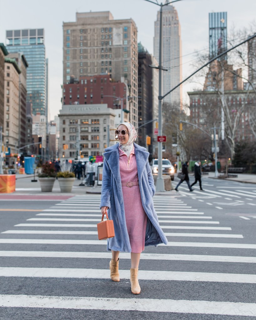 Nordstrom Coat-J. Crew Sweater Dress-Haute Hijab Scarf-Sarah Flint Booties-Brandon Blackwood Trunk Bag-Lele Sadoughi Sunglasses
