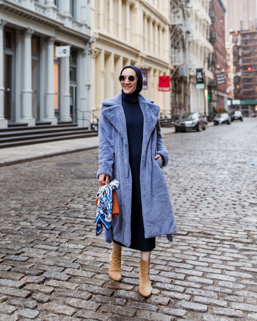 Nordstrom Coat-J. Crew Sweater Dress-Haute Hijab Scarf-Sarah Flint Booties-Brandon Blackwood Trunk Bag-Lele Sadoughi Sunglasses-Sarah Flint Silk Scarf