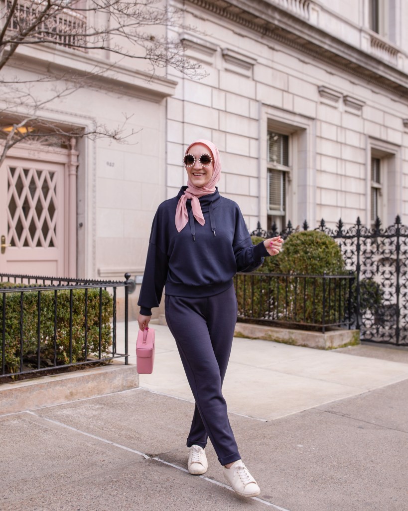 SPANX AirLuxe Pullover-SPANX AirLuxe Pant-Haute Hijab Scarf-Sezane Jack Sneakers-Kate Spade Voyage Handbag-Lele Sadoughi Sunglasses