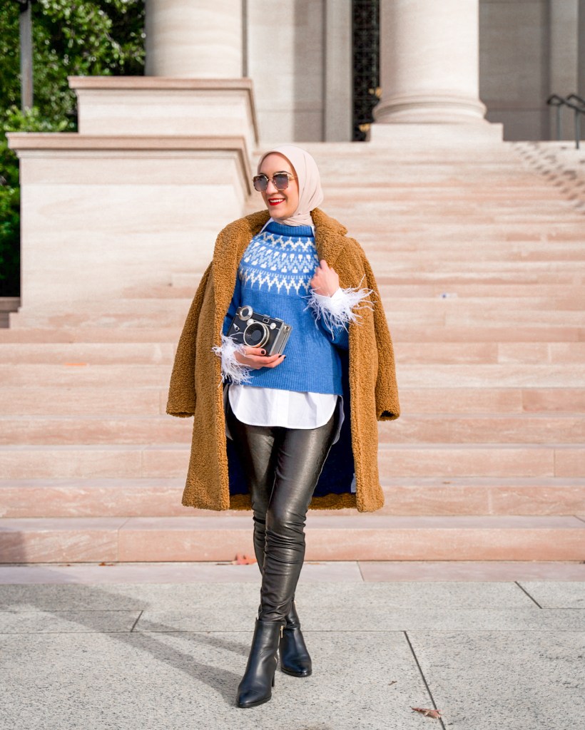 J.Crew-Fair Isle Sweater-Teddy Coat-Leather SPANX Leggings-Sarah Flint Boots-Haure Hijab-DC-Winter Style-Lalz
