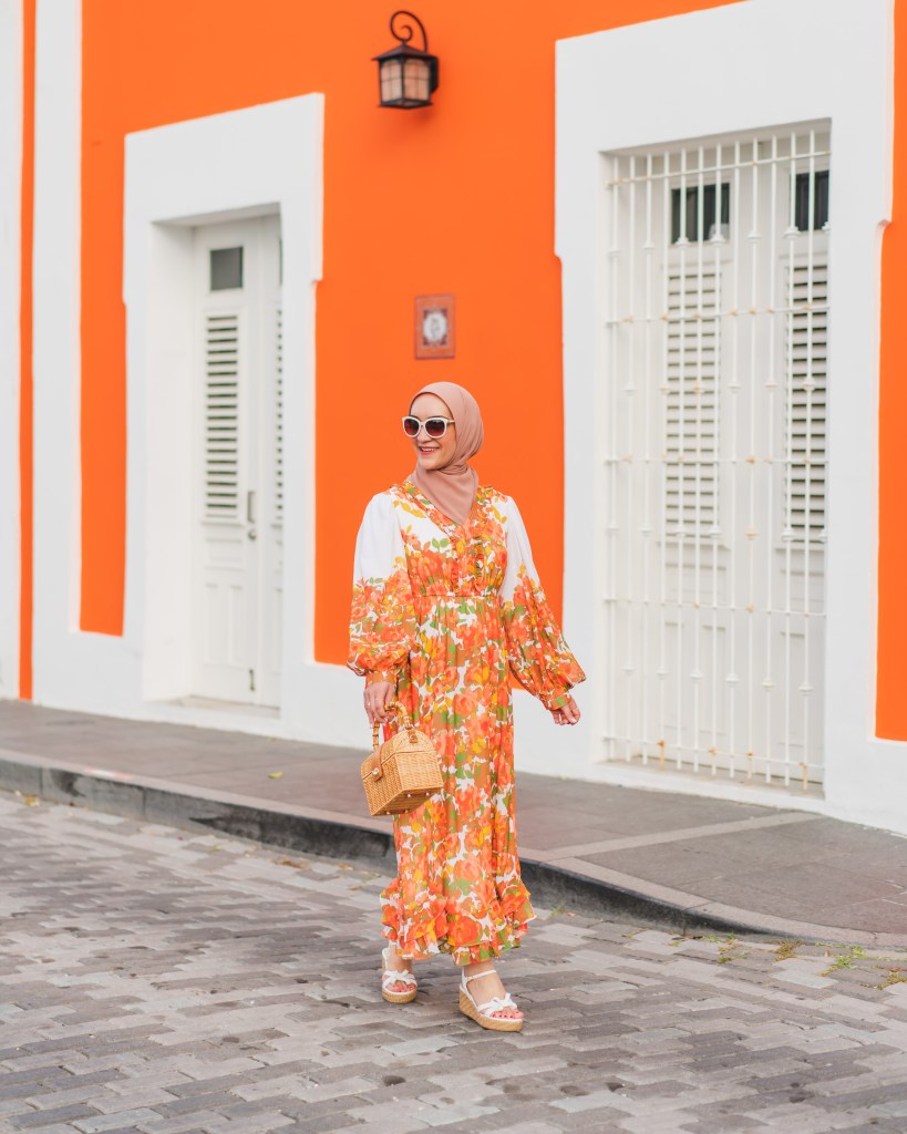 San Juan-Puerto Rico-Midi Dress-Hijab Fashion-orange floral dress